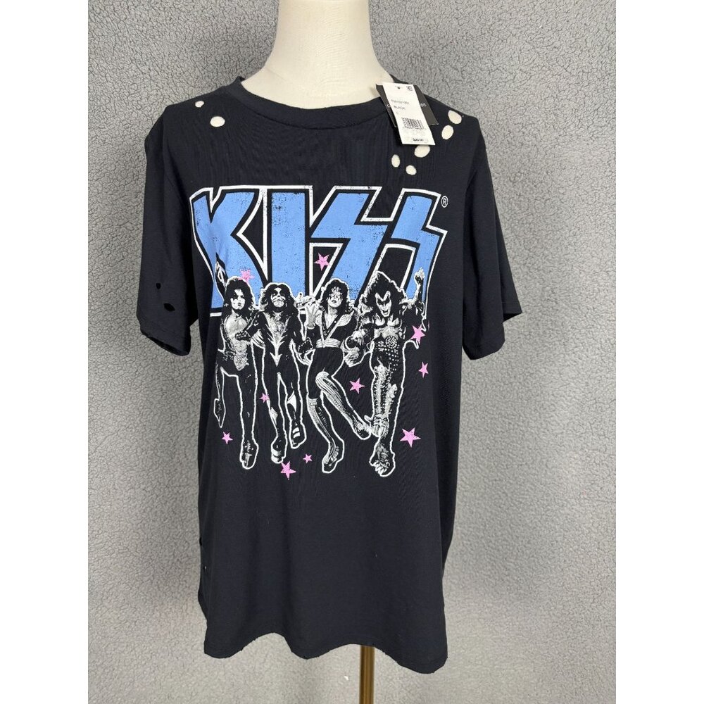 Grayson Threads the Label Juniors Kiss Distressed Graphic T-Shirt Black Lg NWT